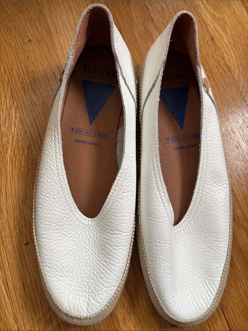 White Pebbled Leather Slip-On Flats with Neutral Trim by Verbenas - Picture 8 of 8
